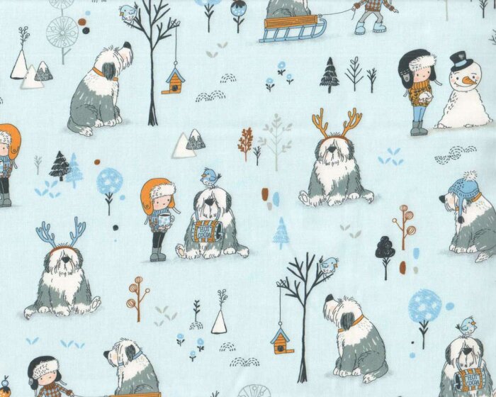 Patchworkstoff  WINTER DAYS, Junge und Hund, hellblau, Michael Miller