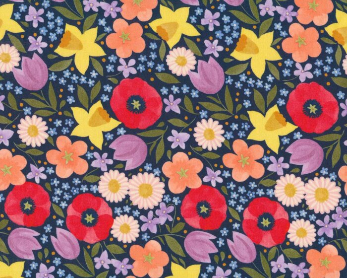 Baumwoll-Popeline EMILIE, Blumen, dunkelblau, Hilco