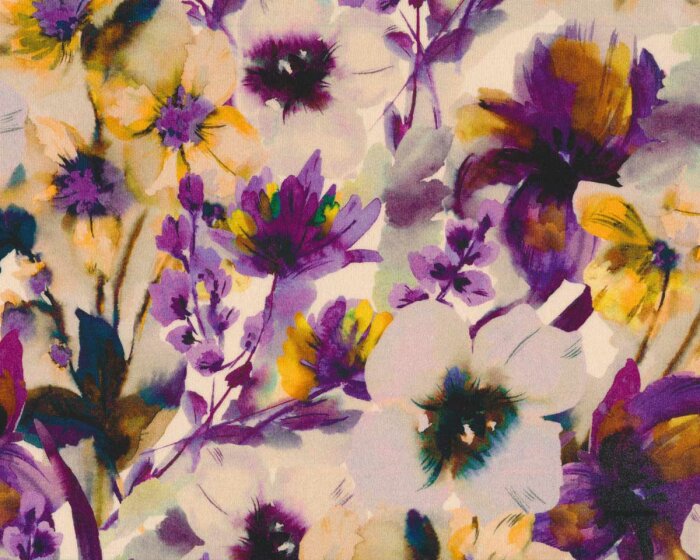 Viskosejersey HENNY, Aquarell-Blüten, lila-orange, Hilco