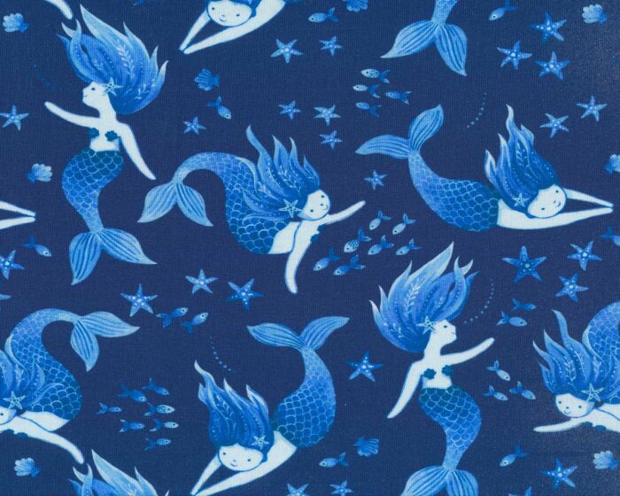 Baumwolljersey INKY MERMAID, Meerjungfrau, dunkelblau-hellblau, Hilco
