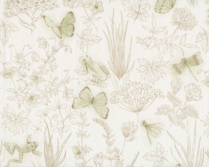 Baumwoll-Popeline EMILIE, Frosch und Schmetterling, wollweiß-schilfgrün, Hilco