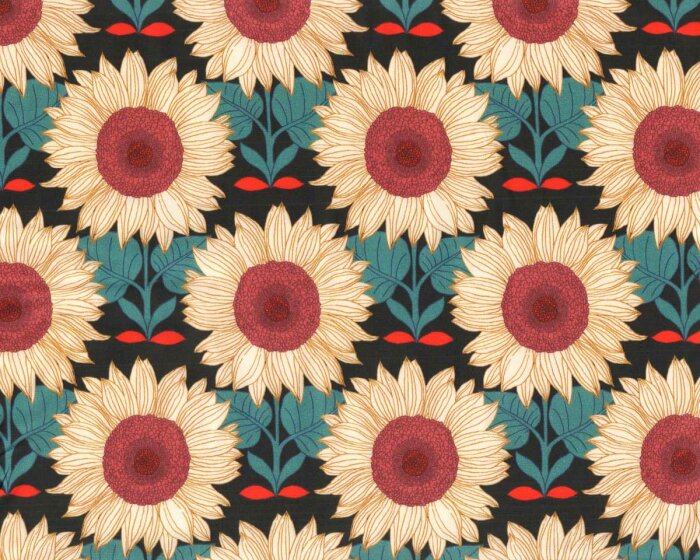 Baumwoll-Popeline EMILIE, Sonnenblume, petrol-dunkelrot, Hilco