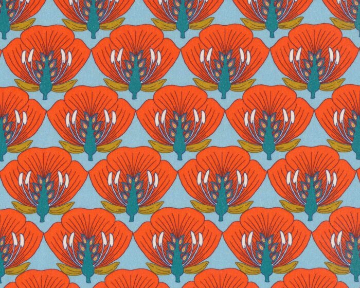 Baumwoll-Popeline EMILIE, Blütenlängsschnitt, hellblau-rot, Hilco