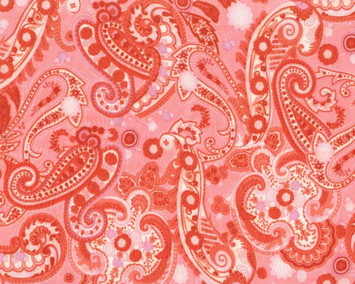 Italienischer Viskosestoff DACIA, satiniert, Phantasie-Paisley, rosa-rot