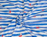 Baumwolljersey OCEAN CRUISE, Boote und Streifen, weiß-blau, Hilco