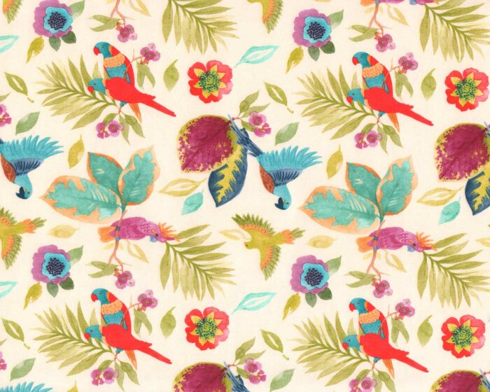 Baumwolljersey JUNGLE BIRD, Papagei und Blätter, Hilco