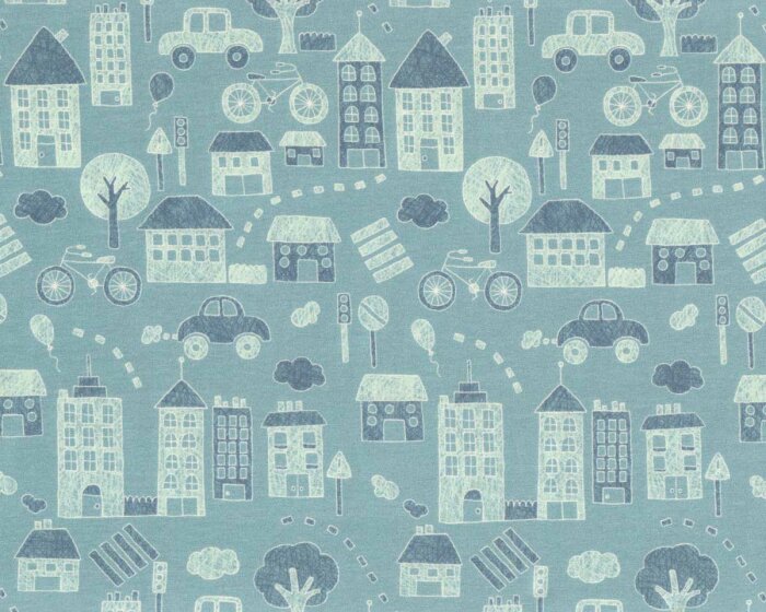 Baumwolljersey TINY TOWN, Häuser, blau, Hilco
