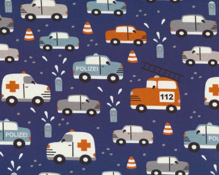 Baumwolljersey AUTOS, Polizei und Krankenwagen, dunkelblau, Hilco