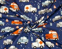 Baumwolljersey AUTOS, Polizei und Krankenwagen, dunkelblau, Hilco