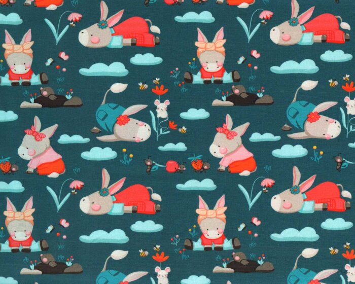 Baumwolljersey DONKEY DOO, Esel mit Blümchen, dunkelblau, Hilco