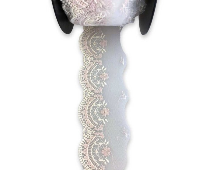 Spitzenband ALURA mit Bogenkante und Blumenmuster, 65 mm, wollweiß-rosa