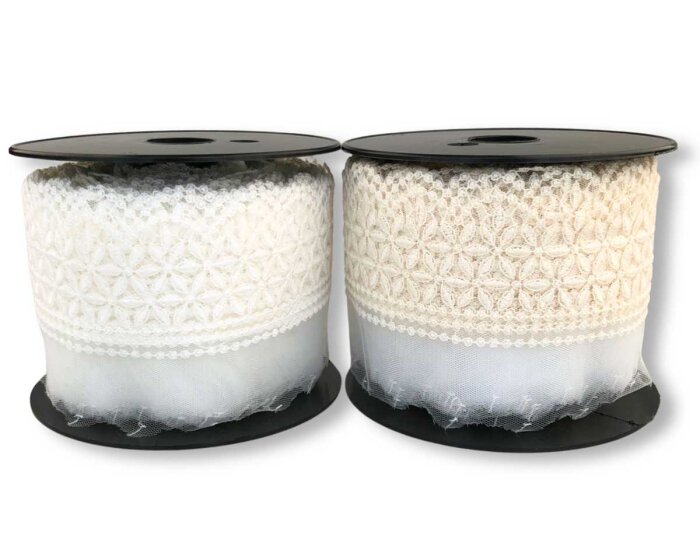 Spitzenband ELARA mit Bogenkante und Blütenmuster, 85 mm, weiß und creme
