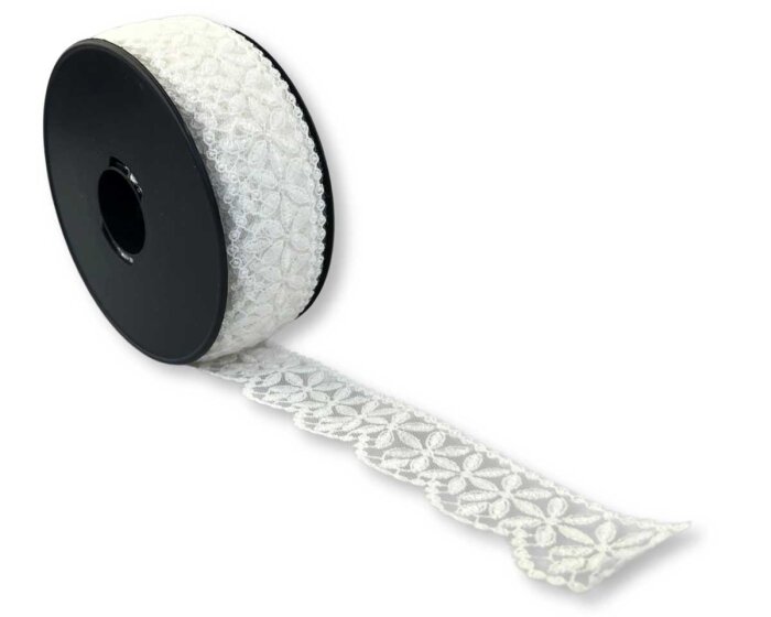 Spitzenband ELARA mit Bogenkante und Blütenmuster, 30 mm, weiß