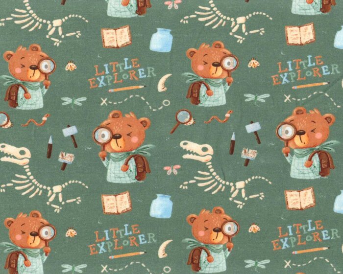 Sweatstoff LITTLE EXPLORER, Pfadfinder Bär, grüngrau, Hilco