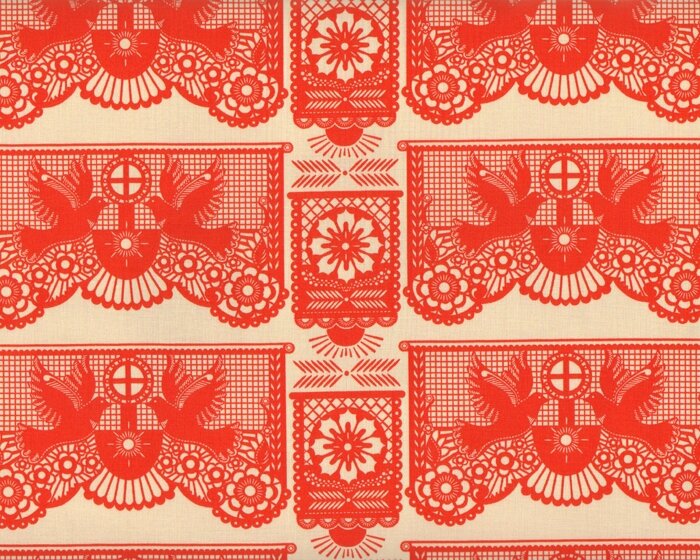 40 cm Reststück Patchworkstoff PRETTY POTENT, Tauben als Scherenschnitt, hellrot-beige