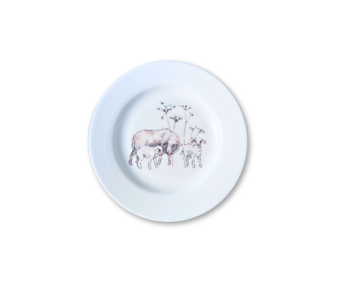 Kleiner Kuchenteller WOLLFAMILIE, Schaf mit Lämmern, Acufactum