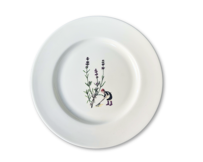 Kuchenteller GÄRTNERIN, kleine Gärtnerin im Lavendelfeld, Acufactum
