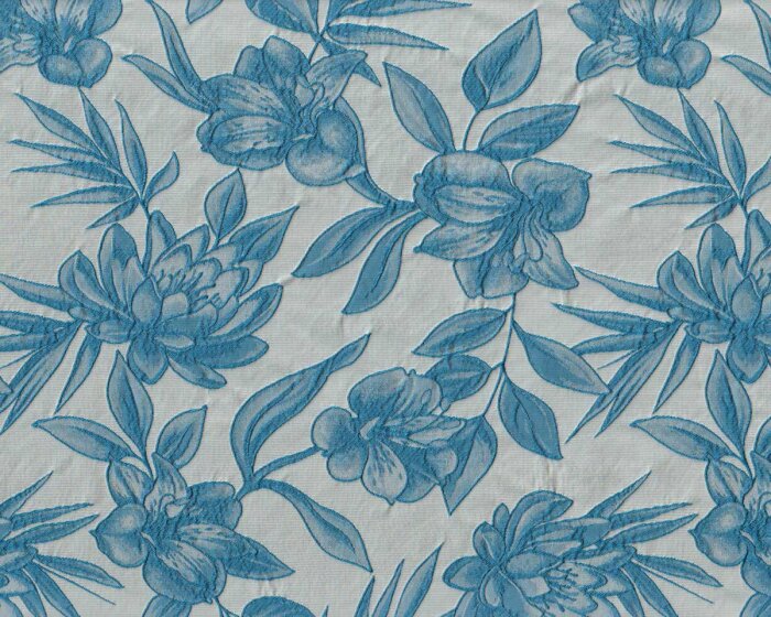 Italienischer Jacquardstoff FIORENZA, Magnolien und Pfingstrosen, blau-hellgrau