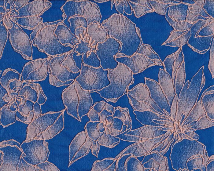 Italienischer Jacquardstoff AZZURRA, Magnolien und Pfingstrosen, ultramarinblau-aprikot