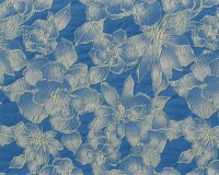 Italienischer Jacquardstoff AZZURRA, Magnolien und Pfingstrosen, ultramarinblau-aprikot