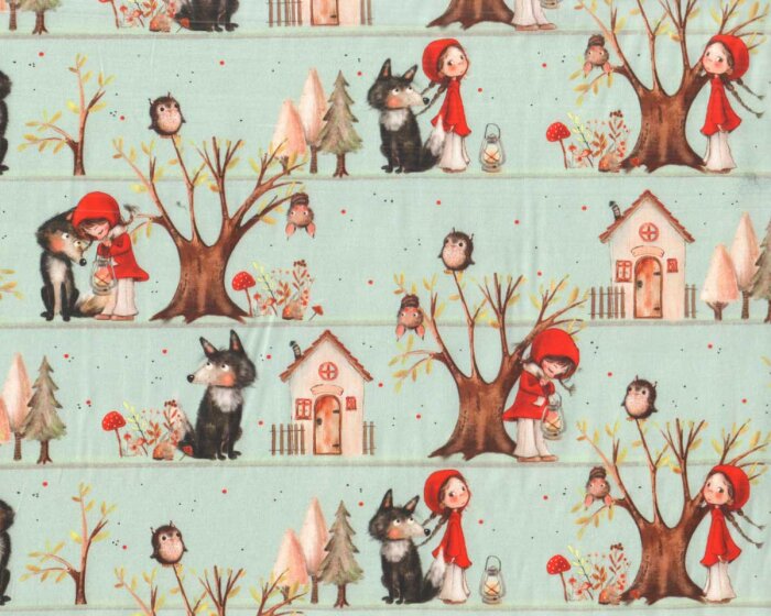 Baumwollstoff FAIRY TALE, Rotkäppchen-Motiv, mintgrün, Swafing