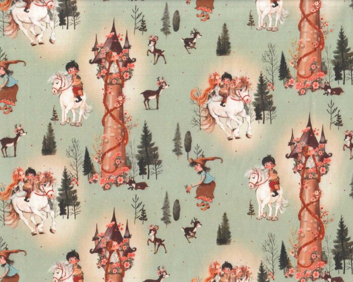 Baumwollstoff FAIRY TALE, Rapunzel-Motiv, grüngrau, Swafing