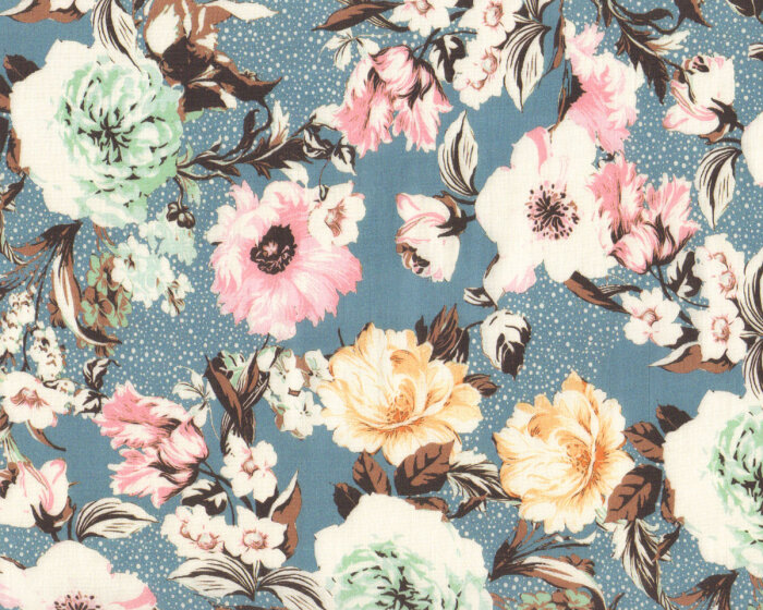 60 cm Reststück Baumwollbatist FLEUR PASTELLE, Rosen, taubenblau, Hilco