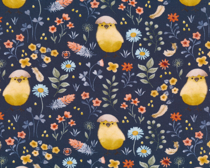 65 cm Reststück Baumwolljersey POUSSIN, Küken auf Wiese, dunkelblau, Hilco