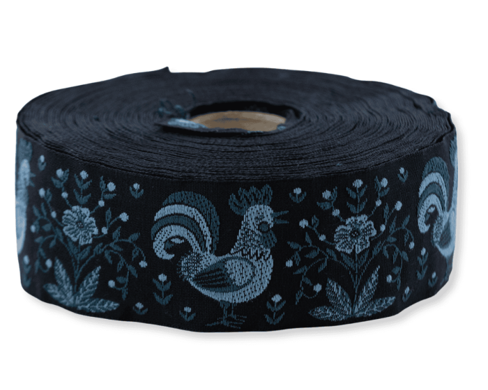 Jacquardband HAHN, Huhn, 32 mm breit, dunkelblau, Kafka