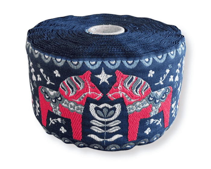 Jacquardband DALARNA PFERD, 60 mm breit, dunkelblau, Kafka