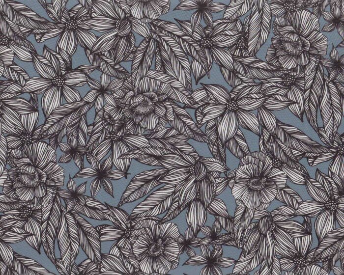 Italienischer Baumwollstoff LINEA, Linien-Blüten, blaugrau