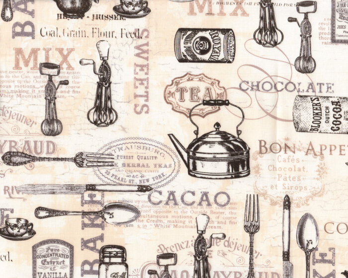 30 cm Reststück Patchworkstoff IVORY KITCHEN, antikes Geschirr, hellbeige-schwarz