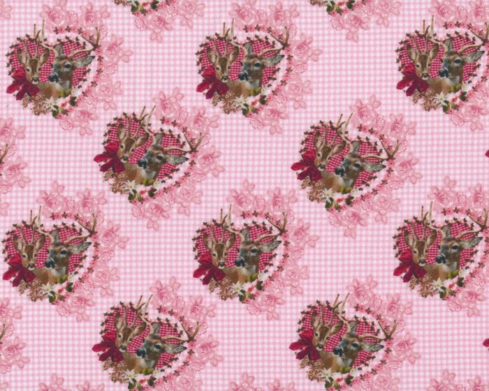 50 cm Reststück Feiner Baumwoll-Satin SEEFELD DREAM, Hirsch-Medaillons, rosa