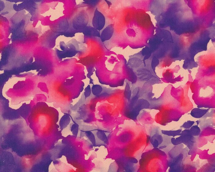 60 cm Reststück Baumwollstoff INGMER, Aquarell-Blüten, fuchsia-lila