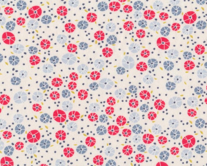 80 cm Reststück Baumwolljersey CHARLESTON, Kreis-Blumen, wollweiß-rot