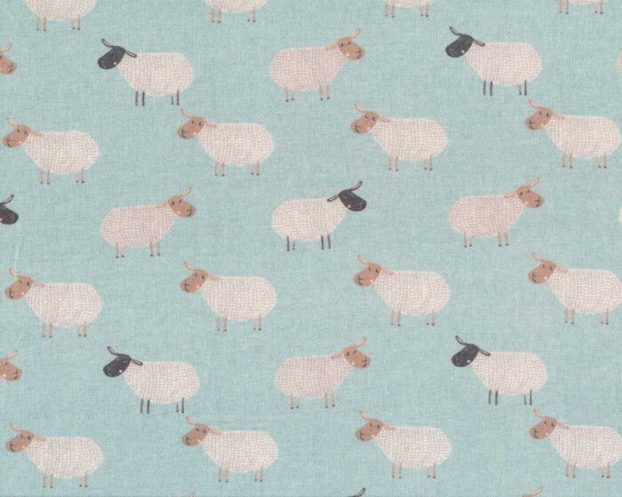 50 cm Reststück MIT FEHLER Baumwolljersey FARM LIFE, Schafe, himmelblau, Hilco
