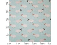 50 cm Reststück MIT FEHLER Baumwolljersey FARM LIFE, Schafe, himmelblau, Hilco