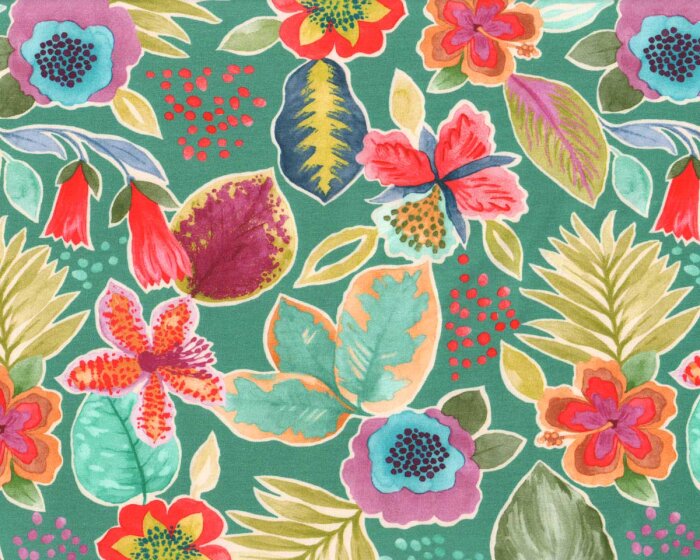50 cm Reststück Baumwolljersey JUNGLE FLOWER, Blüten und Blätter, Hilco