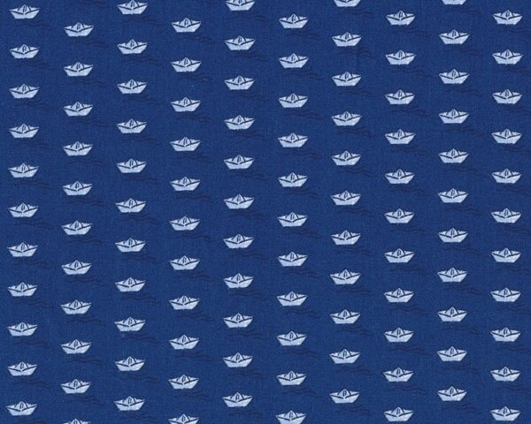 35 cm Reststück Baumwollstoff LOVEBOAT, kleine Papierboote, dunkelblau