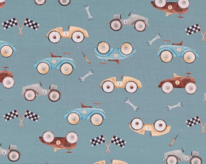 Baumwolljersey AVALANA RACERS, Rennautos und Flaggen, taubenblau
