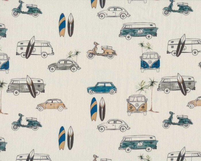 Popeline-Baumwollstoff SURF ROADTRIP, Roller und Autos, Light & Lush
