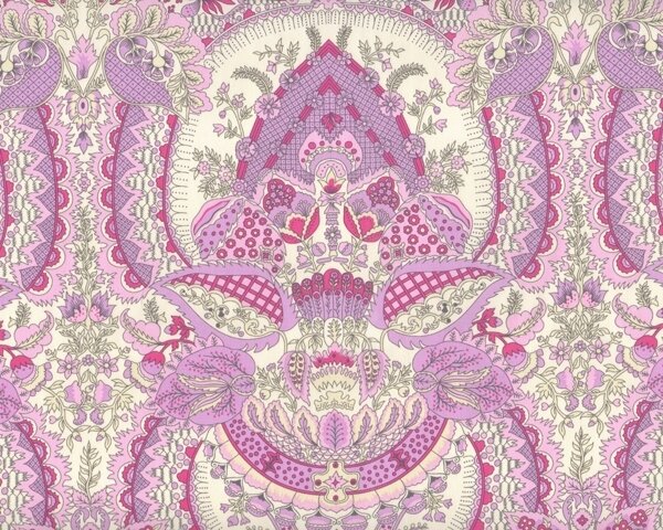 30 cm Reststück Feiner Baumwollsatin "Alchemy" mit filigranem Granatapfelmuster, pink-lavendel