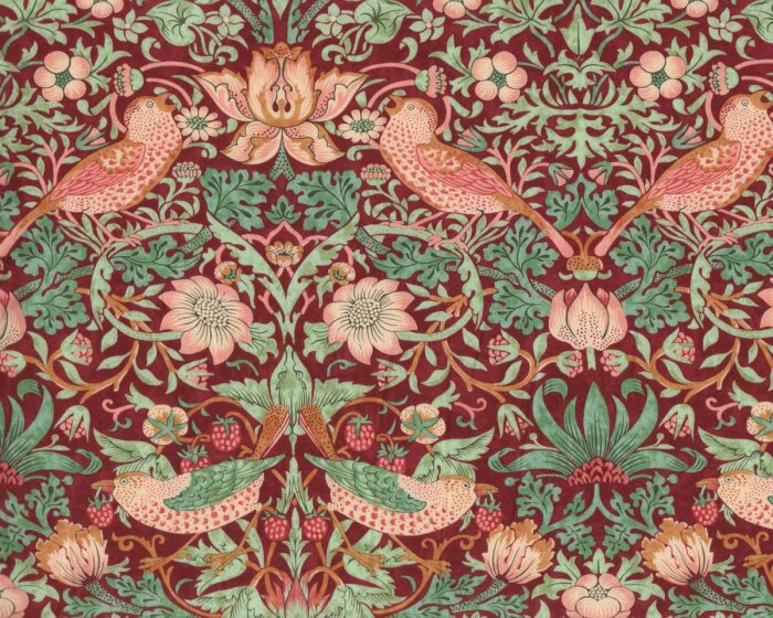 Patchworkstoff LODDEN, Vögel mit Erdbeeren, weinrot, Morris & Co.