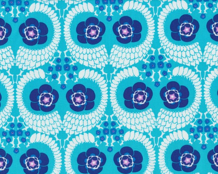50 cm Reststück Patchworkstoff VIOLETTE FRENCH, Blüten-Augen, kräftiges türkis-dunkelblau