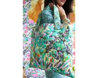 50 cm Reststück Patchworkstoff VIOLETTE FRENCH, Blüten-Augen, kräftiges türkis-dunkelblau