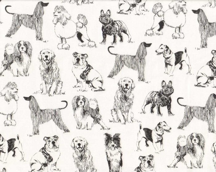 70 cm Reststück Patchworkstoff PET SKETCH, Hunde, weiß-schwarz