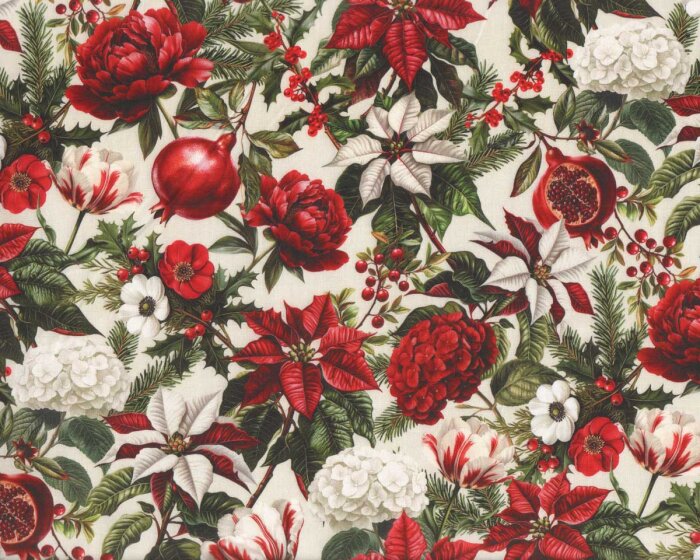 Patchworkstoff WINTER ENCHANTMENT, Blumen & Granatäpfel, creme, In The Beginning