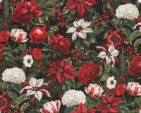 Patchworkstoff WINTER ENCHANTMENT, Blumen & Granatäpfel, schwarz, In The Beginning