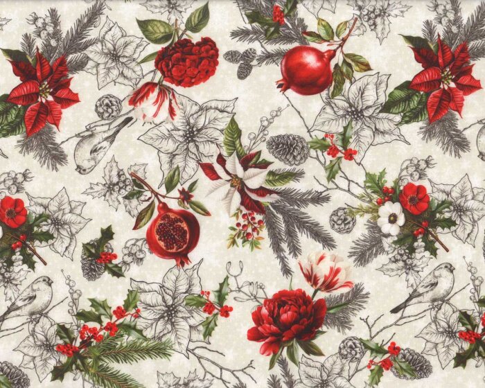 Patchworkstoff WINTER ENCHANTMENT, Beeren & Vögel, creme, In The Beginning