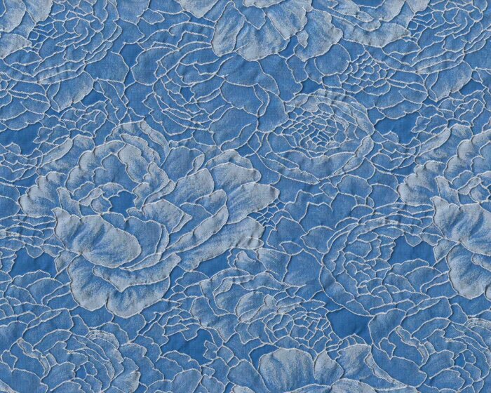 40 cm Reststück Italienischer Jacquardstoff FIORITURA, Pfingstrosen, ultramarinblau-hellgrau